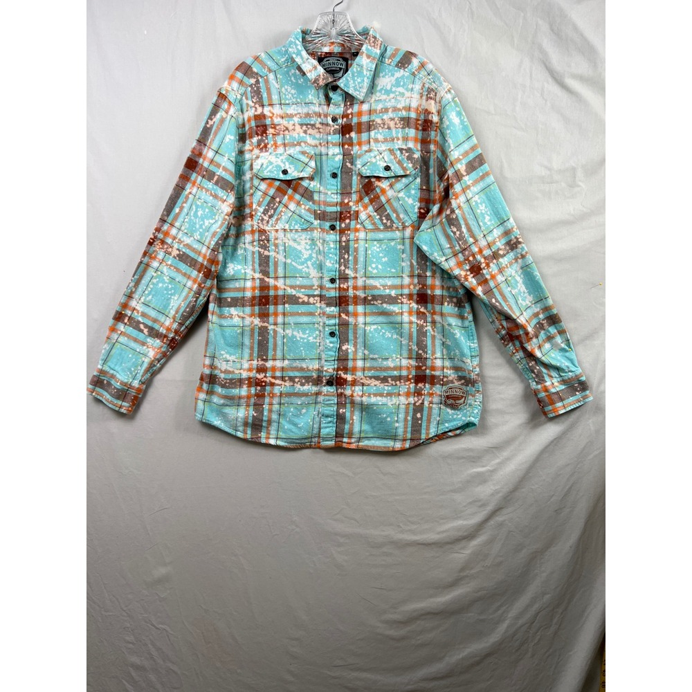 Angry Minnow Vintage Flannel Shirt Mens XL Turquoise Plaid Bleached Pinup Patch